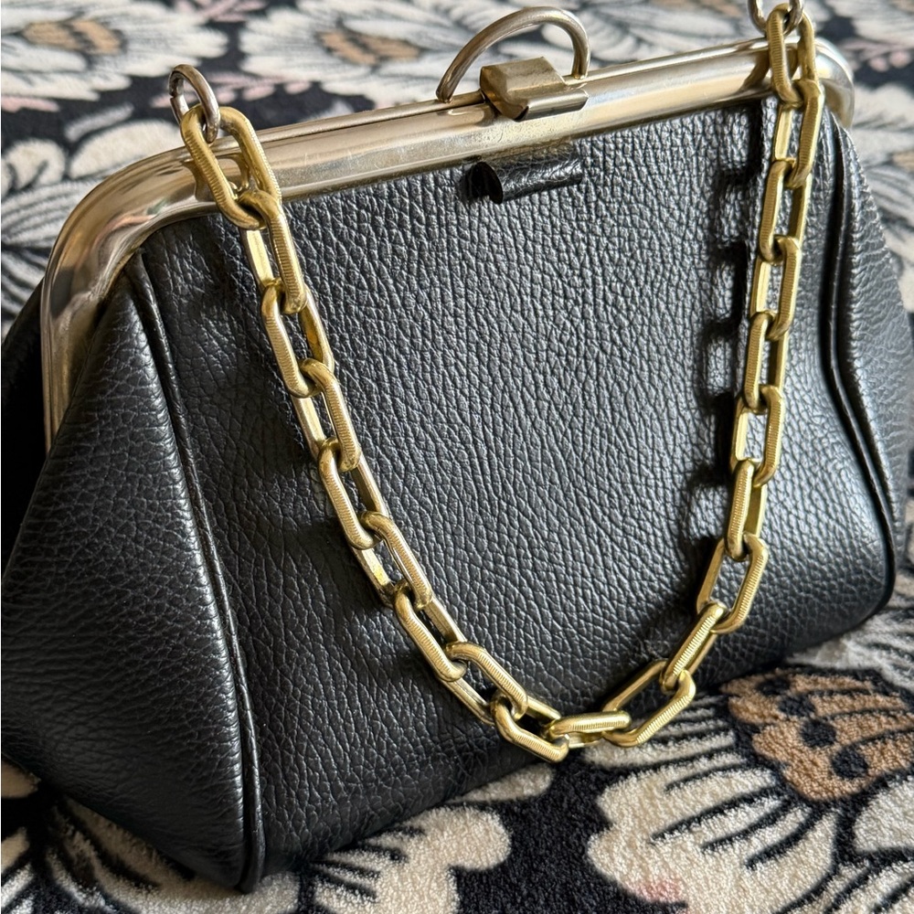 Vintage Dover Black Leather Frame-Top Handbag with Gold Chain